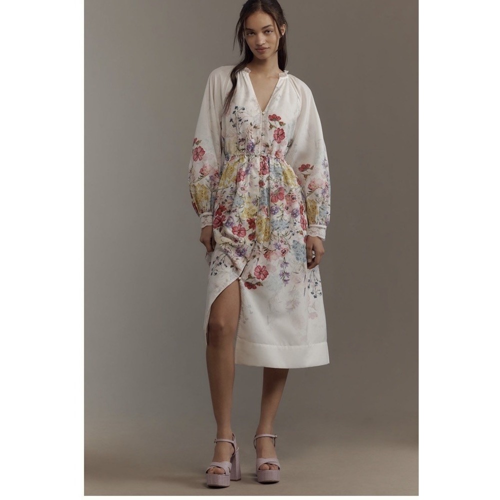 New Anthropologie Let Me Be Long-Sleeve V-Neck Floral A-Line Midi Dress M